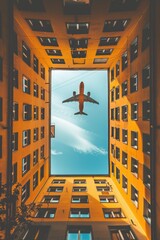 A plane is currently flying through an open window in a building