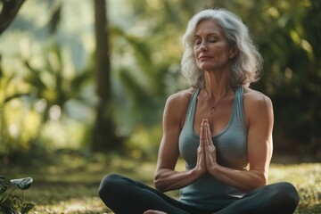 Sticker - An elderly woman practicing yoga meditation in a serene outdoor setting.