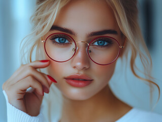 Young woman with blue eyes and stylish glasses posing in a well-lit indoor setting