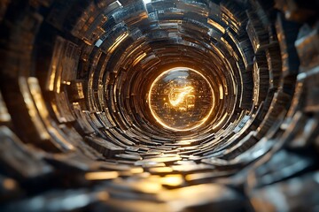 Poster - A captivating view inside a metallic tunnel illuminated by warm light, showcasing intricate patterns and depth.