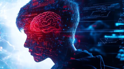 Poster - A digital representation of a human brain, symbolizing artificial intelligence and the fusion of technology with cognition.