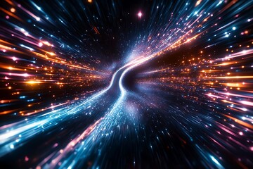Poster - A mesmerizing abstract image depicting light trails and vibrant colors, evoking a sense of speed and motion through space.