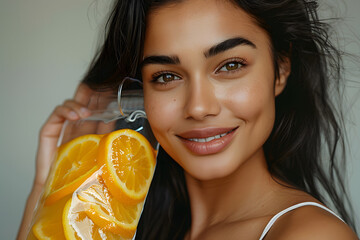 A woman in her 20s, holding an IV vitamin bag with orange slices, showcasing rejuvenation and revitalization benefits from an IV vitamin drip