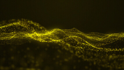 Poster - Digital waves of yellow particles create magical ripples. Virtual reality cyberspace. Creative soft bokeh, abstract noise background