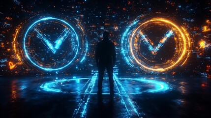 Poster - A silhouetted figure stands amid vibrant blue and orange digital patterns, representing technology and innovation in a futuristic setting.
