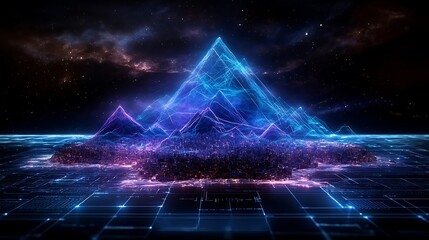 Poster - A stunning digital landscape featuring glowing pyramids and abstract neon designs, perfect for futuristic and tech-themed projects.