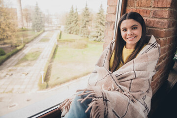 Poster - photo portrait of nice teen lady cover blanket warmth sit windowsill dressed yellow garment spend pa