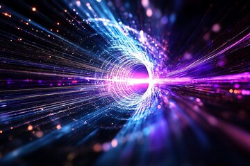 Poster - Abstract tunnel of light with vibrant colors, creating a sense of depth and motion through a cosmic landscape.