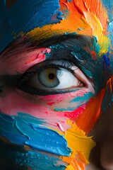 Canvas Print - A close up of a woman's face covered in colorful paint.