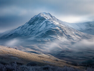 Wall Mural - A mountain range covered in snow with a foggy sky