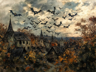 Wall Mural - A painting of a town with a church and houses and a large number of bats flying in the sky