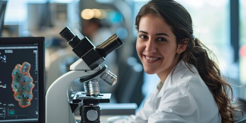 A joyful woman typing, researching, and reporting biotech data in lab. Innovation in healthcare, medicine, or online test feedback by a scientist or lab technician