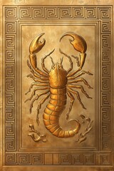 A golden scorpion sculpture with intricate details, set against a background of a greek key design.