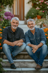 Wall Mural - Two men sitting on a staircase, one of them wearing a black shirt and jeans. They are both smiling and seem to be enjoying each other's company