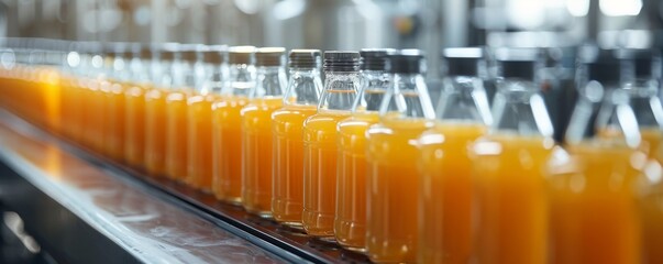 Poster - Minimalist high-resolution image of a juice bottling production line with bottles filled with orange liquid