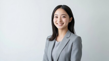 Wall Mural - A young professional Asian woman in a gray suit, smiling as she gears up for a business meeting, highlights her potential and expertise.