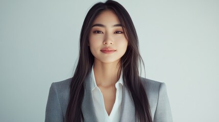 Wall Mural - A young professional Asian woman in a gray suit, smiling as she gears up for a business meeting, highlights her potential and expertise.