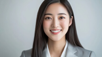 A young professional Asian woman in a gray suit, smiling as she gears up for a business meeting, highlights her potential and expertise.