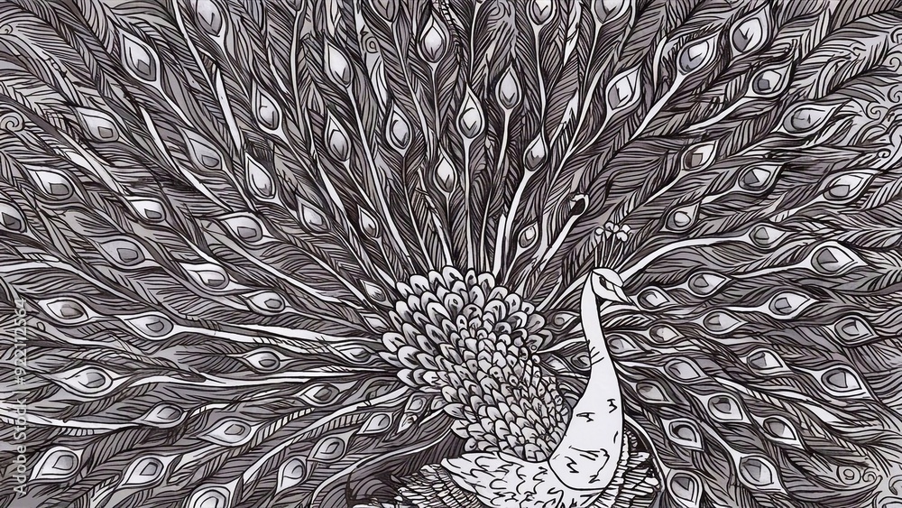 Peacock coloring page for adults illustration. Black and white anti ...