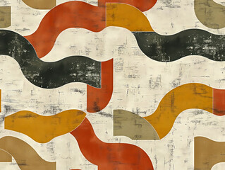 Wall Mural - A colorful abstract painting with a wave pattern. The colors are orange, black, and brown. The painting has a vintage feel to it