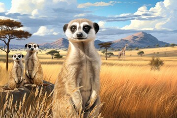 Canvas Print - African meerkats background, wild animal digital paint