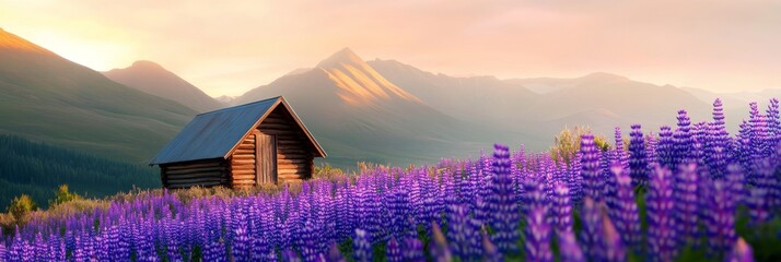 Rustic Wooden Hut Amidst Vibrant Purple Flowers