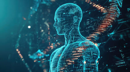 Futuristic depiction of the human genome with digital code overlaid on a transparent human body, illustrating medical advancements and technology at the forefront of genetic research and biology