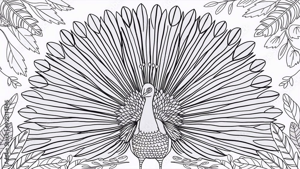 Peacock coloring page for adults illustration. Black and white anti ...