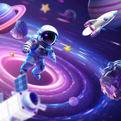 Sticker - Astronaut 3D illustration, purple futuristic galaxy design