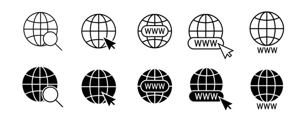 Wall Mural - Website Icon. Globe icon set. World icon. Www icons with cursor. Vector www icon.