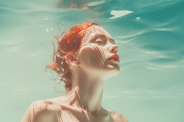 Wall Mural - woman underwater with film grain effect