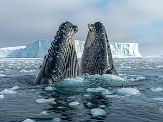 Sticker - Two whales are playing in the water near an ice wall. Scene is playful and joyful