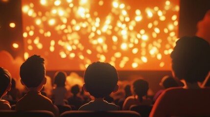 Poster - A group of children sits in a dimly lit theater, captivated by a dazzling fireworks show displayed on the screen.
