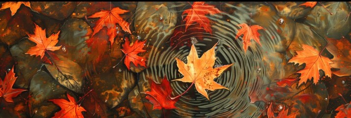 A group of leaves is merrily floating on the surface of the water