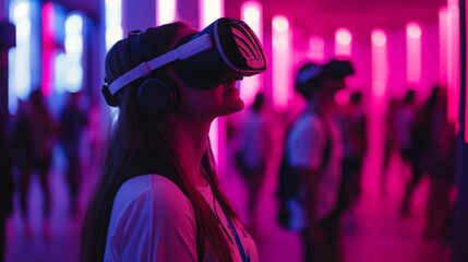 Poster - A young woman engages with virtual reality while surrounded by colorful lighting and other participants.
