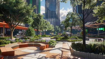 People enjoy leisure time in a lively urban park surrounded by skyscrapers