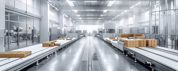 Poster - Modern automated factory production line with shiny metallic conveyor belt