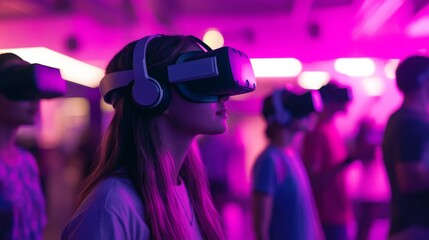 Aufkleber - Individuals wearing virtual reality headsets immerse themselves in digital worlds at a lively venue.