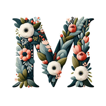 Floral alphabet M with a solid white background.