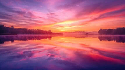 Wall Mural - a stunning sunrise over a serene lake, with the sky painted in shades of pink, orange, and purple