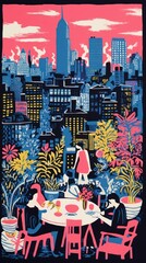 Canvas Print - New york rooftop party painting adult city.