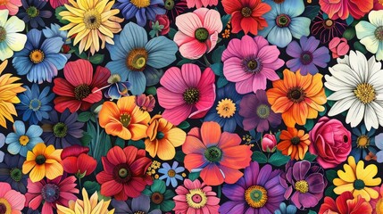 Sticker - Colorful seamless pattern of various blooming flowers.