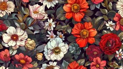 Sticker - Colorful seamless pattern of various blooming flowers.