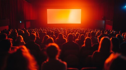 Poster - A large audience sits quietly in a dark theater, eagerly watching a brightly lit screen as the atmosphere fills with anticipation and excitement.