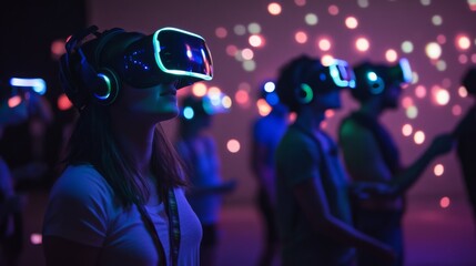 Leinwandbilder - Attendees immerse themselves in virtual reality, wearing glowing headsets while colorful lights illuminate the surroundings.