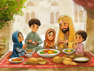 a family of four sits around a table with a man in a turban and a woman in a blue scarf. they are ea