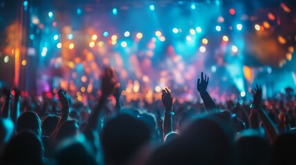 Poster - A vibrant crowd raises their hands in excitement while enjoying a lively music performance at sunset.
