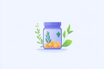 Poster - A minimalistic vector illustration of a transparent medicine jar with herbal leaves inside symbolizing the integration of natural remedies and modern pharmaceuticals in holistic healthcare