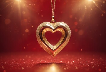 Wall Mural - Gold heart on Red abstract Valentines Day festive background