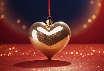 Wall Mural - Gold heart on Red abstract Valentines Day festive background